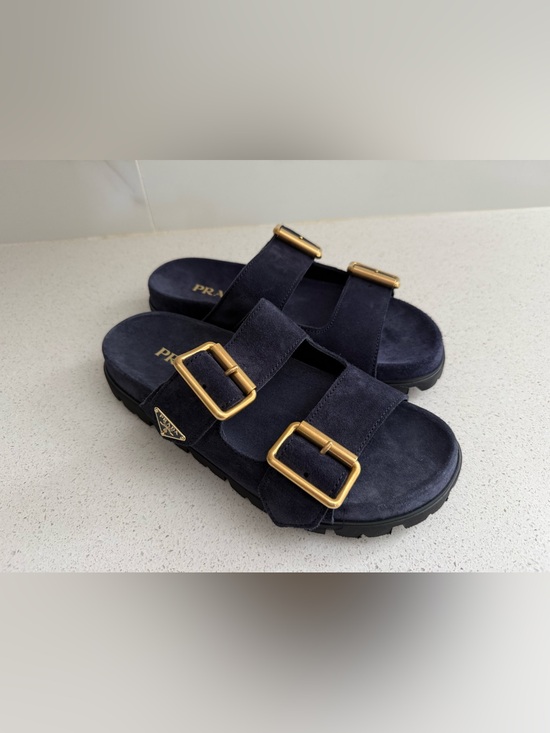 Prada Shoes - Prada Buckle Blue Suede Sandals/Slides Size EU 38 US 8
